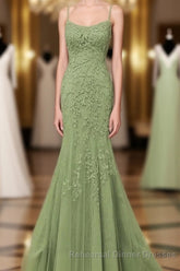 Lovely Sage Green Straps Mermaid Long Semi Formal Prom Dress, Lace-Up Evening Dress Semi Formal Prom Dress